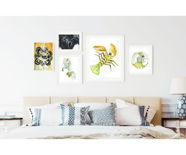 Stylized psychedelic crustacean watercolor Canvas Print in a set of five paintings in a gallery wall. Atmospheric, painted illustration. Colorful visual art piece of animal art against a white wall above a sofa with four other watercolor wall art in the slow travel Vietnam collection.  Dragon and Phoenix, Phoenix Rising, Veve and Arachid Galaxy. Timeless, archival print of original watercolor painting of illustrator and artist Patricia Jacques.  Exudes magical realism with classy, elegance.