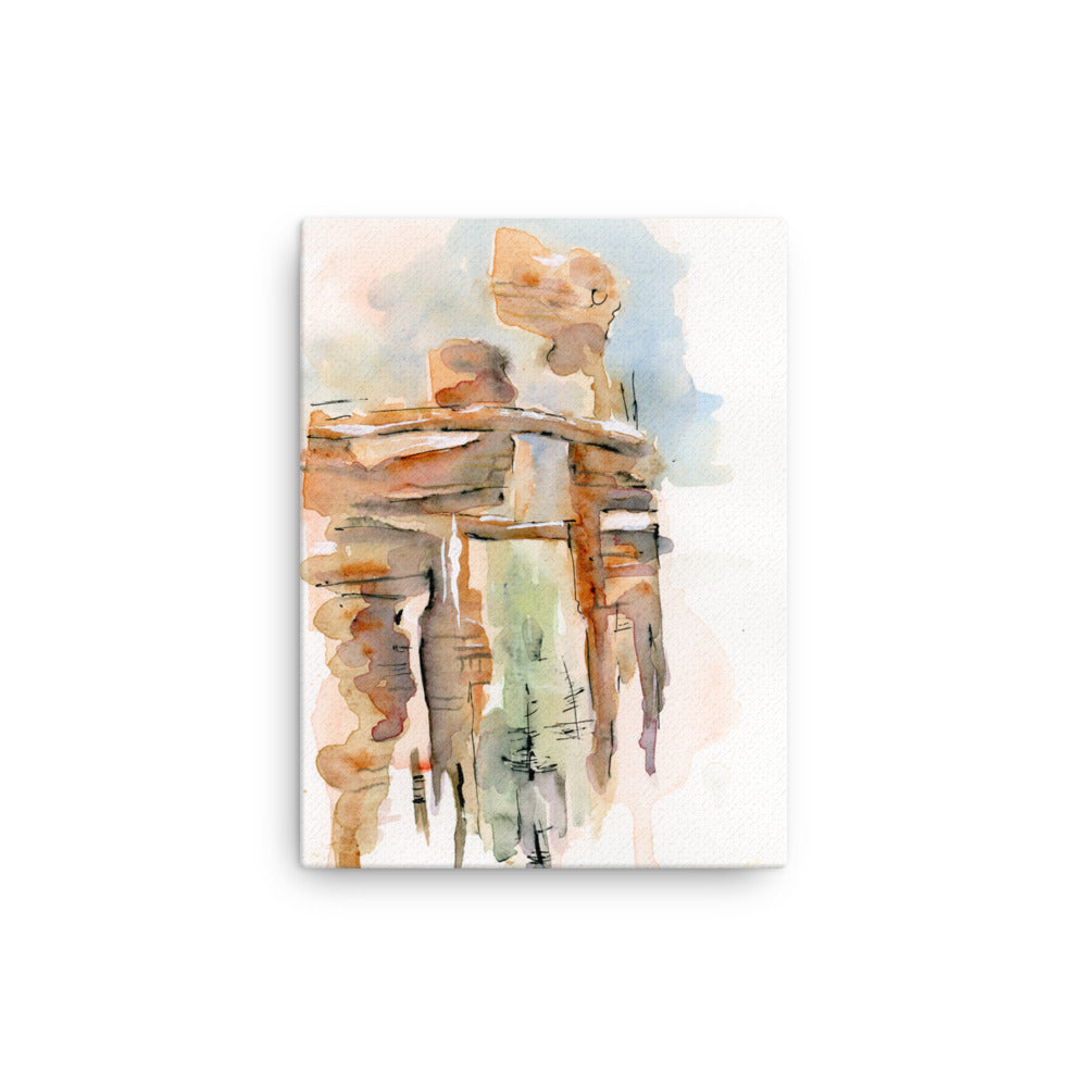12 by 16 inches Atmospheric American Southwest watercolor canvas print. Visual art piece with austere earthy beauty and tan colors against a white wall for minimalist decors. Exudes magical realism with classy, elegance.