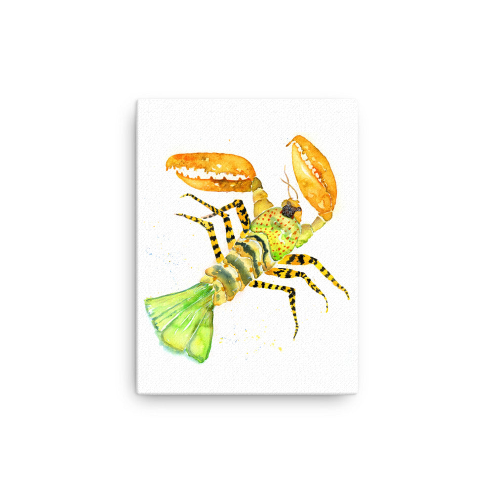  12 by 16 inches 16 by 20 inches - Yellow and black stylized psychedelic crustacean watercolor Canvas Print. Atmospheric, painted illustration. Colorful visual art piece of animal art against a white wall.  Timeless, archival print of original watercolor painting of illustrator and artist Patricia Jacques