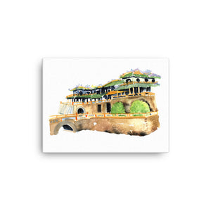 12 by 16 inches - Stylized and timeless Hanoi historic landmark watercolor wall art. Atmospheric, painted illustration. Colorful visual art. Historic site graphic art against a white wall.  Timeless, archival print of original watercolor painting of illustrator and artist Patricia Jacques.