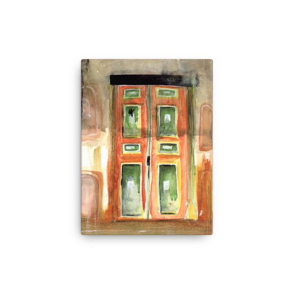Stylized salento door watercolor canvas print. An atmospheric, graded watercolor wash of deep orange, red, yellow and green, perfect for a variety of home decor.