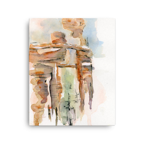 16 by 20 inches  Atmospheric American Southwest watercolor canvas print. Visual art piece with austere earthy beauty and tan colors against a white wall for minimalist decors. Exudes magical realism with classy, elegance.