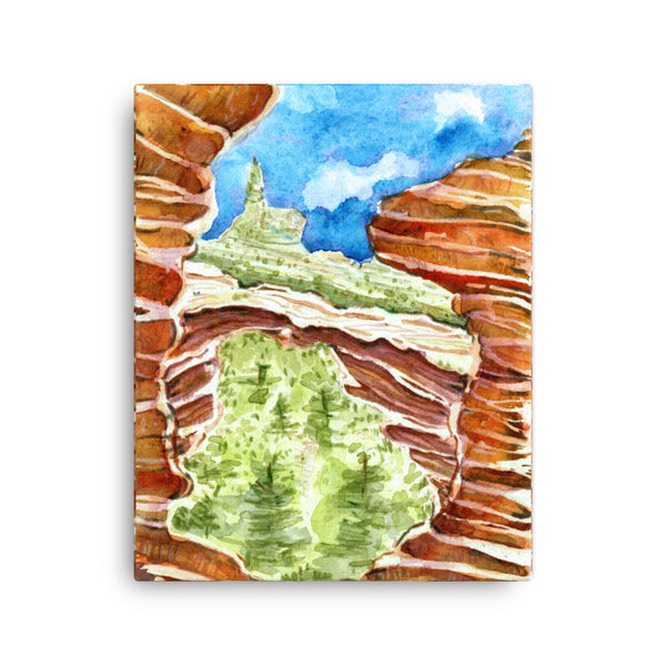 16 by 20 inches Psychedelic Sedona Red Rocks Southwestern wall art watercolor Canvas Print. Stylized American Southwest watercolor canvas print. Visual art piece streaked with red stripes, softened with earthy greens pine trees and blue sky, against a white wall.  Archival print of original high desert watercolor painting of illustrator and artist Patricia Jacques. Punch of color for minimalist home decor. Exudes magical realism and playfulness.