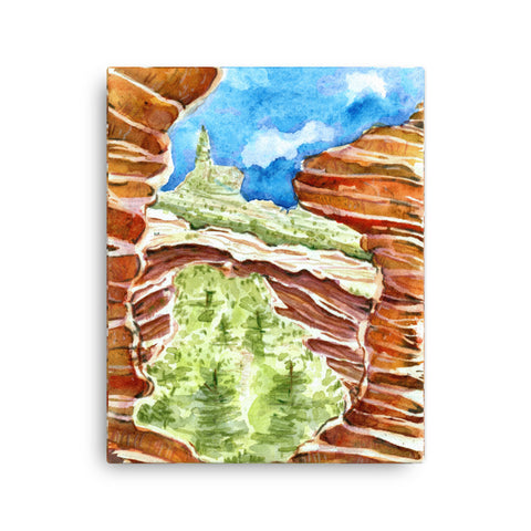 16 by 20 inches Psychedelic Sedona Red Rocks Southwestern wall art watercolor Canvas Print. Stylized American Southwest watercolor canvas print. Visual art piece streaked with red stripes, softened with earthy greens pine trees and blue sky, against a white wall.  Archival print of original high desert watercolor painting of illustrator and artist Patricia Jacques. Punch of color for minimalist home decor. Exudes magical realism and playfulness.