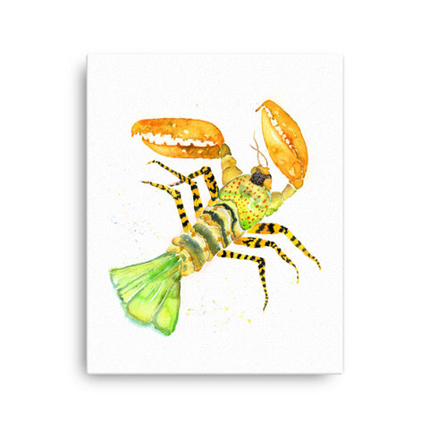 16 by 20 inches - Yellow and black stylized psychedelic crustacean watercolor Canvas Print. Atmospheric, painted illustration. Colorful visual art piece of animal art against a white wall.  Timeless, archival print of original watercolor painting of illustrator and artist Patricia Jacques.