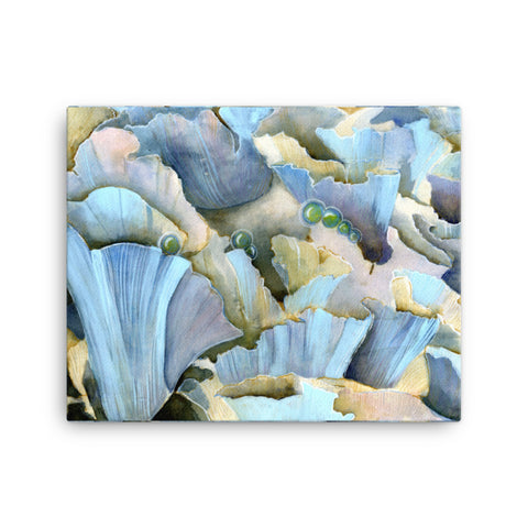 16 by 20 inches - Blue Mushroom Stylized abstract chanterelles mushroom wall art decor. Fits a variety of design styles. Wild edible mushroom watercolor painting. Timeless botanical illustration. Garden illustration. Kitchen room decor. Bedroom wall art. Gift for foodies, gift for valentine, gift for travel lovers.  Realistic art with magical realism.  Foraging dreamscape against a white wall.  Fine art print of original watercolor painting of illustrator and artist Patricia Jacques