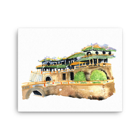 16 by 20 inches -  Stylized and timeless Hanoi historic landmark watercolor wall art. Atmospheric, painted illustration. Colorful visual art. Historic site graphic art against a white wall.  Timeless, archival print of original watercolor painting of illustrator and artist Patricia Jacques.