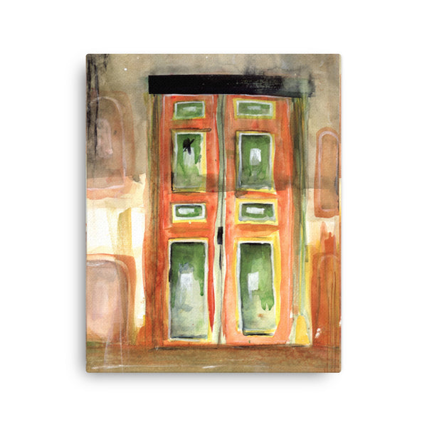 Stylized salento door watercolor canvas print. An atmospheric, graded watercolor wash of deep orange, red, yellow and green,  perfect for a variety of home decor.
