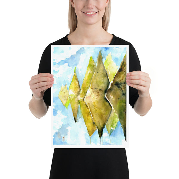 Gifts for travel lovers, stone forest, watercolor painting, magical realism, atmospheric landscape, peru, stylized, serenity, watercolor with salt, blue sky, painted illustrations, green mountains, conical mountains, mossy hills, watercolor illustration, home decor, expressive artwork, travel art, home decor gift, illustration, visual art, fine art, timeless art.