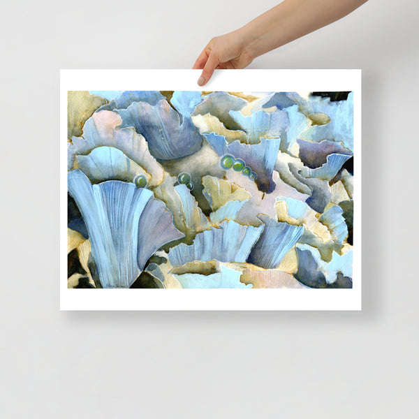 Blue Mushroom - Stylized Chanterelles Dreamscape Watercolor Art Print