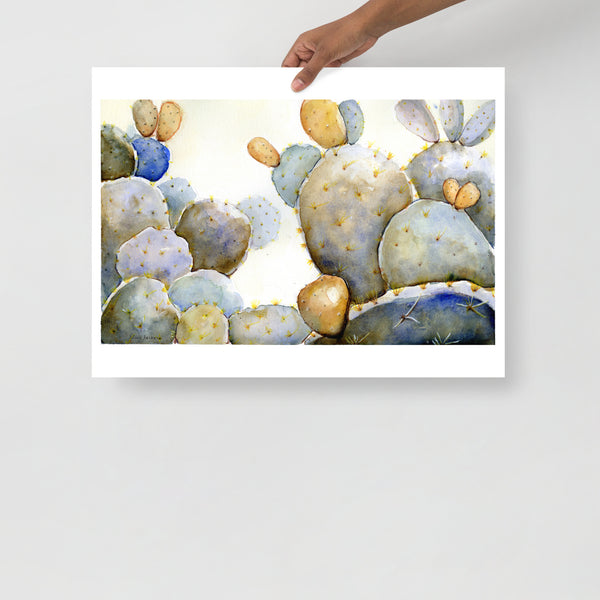 Surface designer, wall art, botanical art, visual art, fine art, painted illustrations, home decor, art licensing, atmospheric, living room wall art, bohemian wall decor, colourful prints, bedroom wall art, succulent watercolor, cactus watercolor, cactus bathroom decor, succulent wall art, botanical illustration, cactus feng shui, southwest cactus decor, garden illustration, succulent room theme, opuntia ficus indica, mexican tuna fruit, Down tempo art, blue and green, prairie prickly pear.